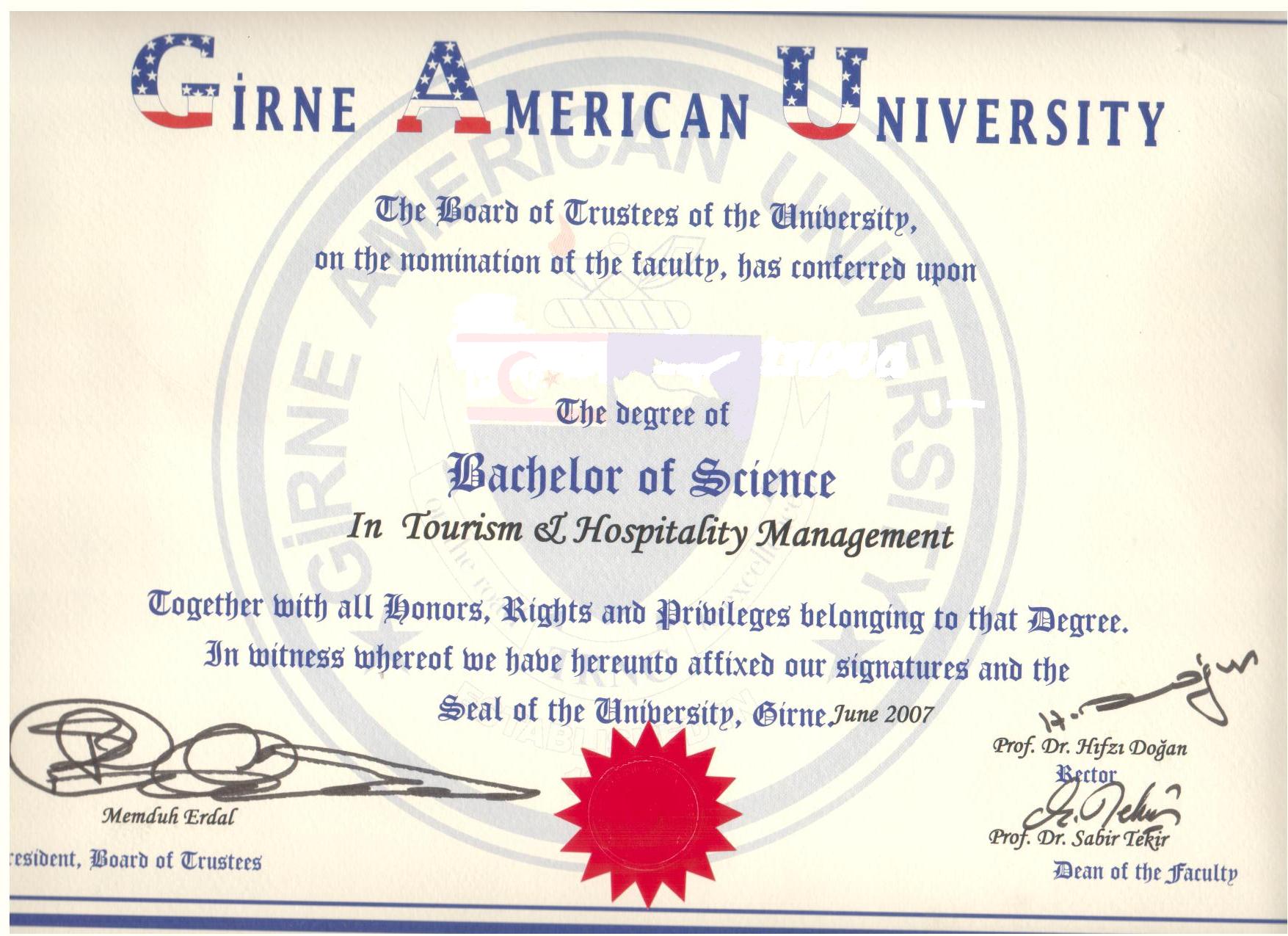 Диплом Бакалавра администратора ДОМ-ИНФО Американского Университета на Кипре GAU